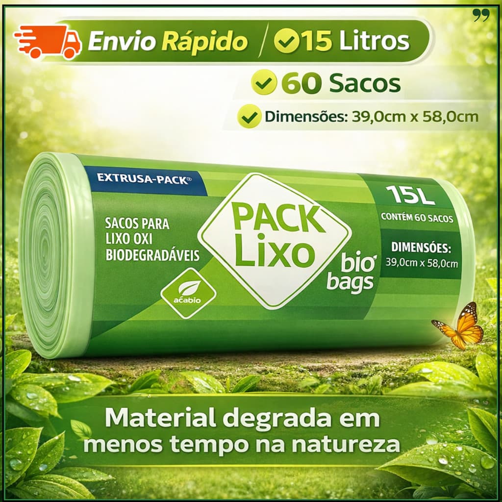 Saco de Lixo Biodegradável 15 Litros com 60 Sacos | Oxibiodegradável | Envio Rápido | 39x58cm