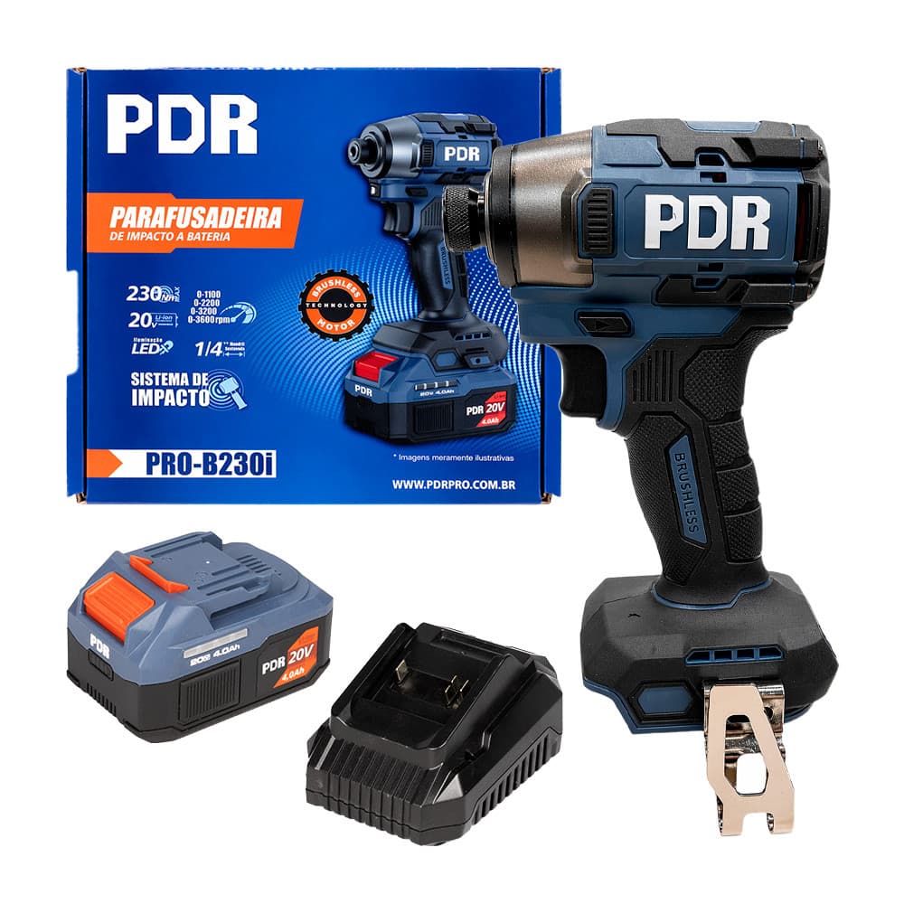 Parafusadeira Impacto 1/4" a Bateria 20V PDR Pro-B230i + 1 Bateria 4Ah 20V + Carregador de Bateria Pro-BC02 (Bivolt)