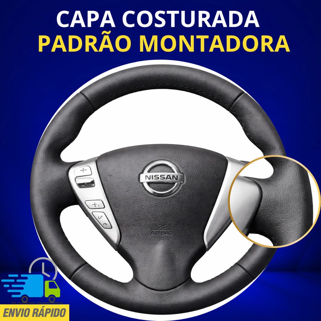 Capa de Volante Costurada Nissan Versa/ March 2015 2016 2017 2018 2019 (Kit Completo) Preta