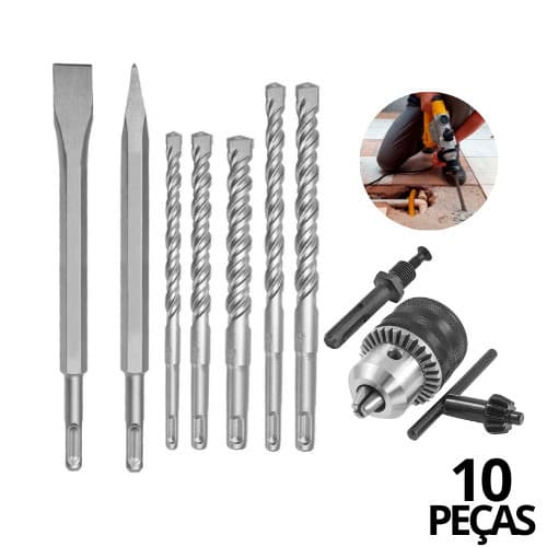 Kit Completo 10 em 1 para Martelete SDS Plus - Com Mandril e Acessórios
