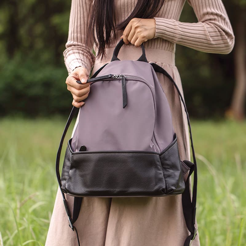King e Rika Oxford Pano Mochila Feminina All-Match Simples Moda Mochila Moderna Nylon com Couro Genuíno de Grande Capaci