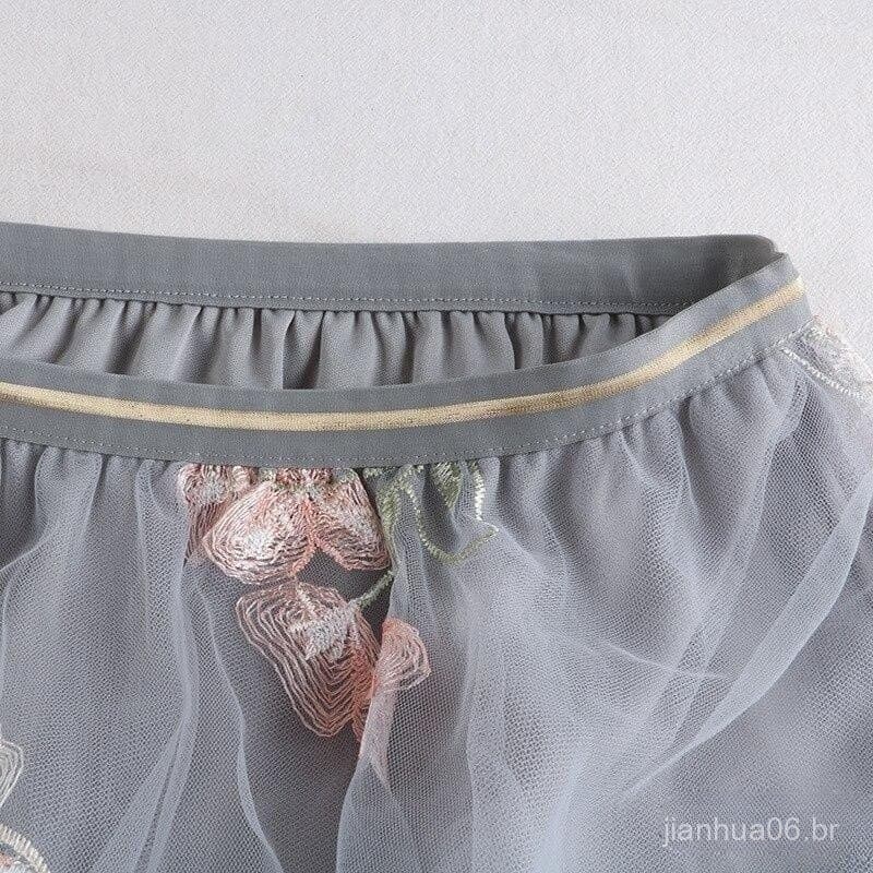 Qooth Mulheres Bordado Mulher Toda A Temporada De Malha Floral Midi Cintura Elástica Elegante Gaze Saia De Tule Para QT2