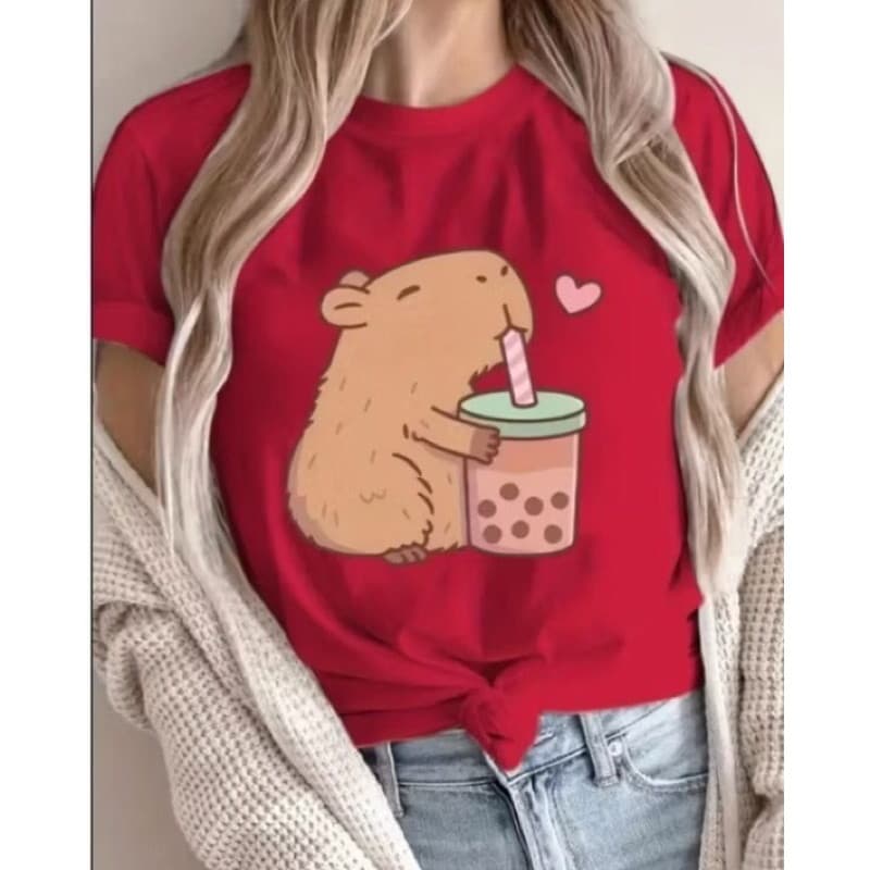 Camiseta Feminina Algodão 100% Premium Estampa Capivara Fofa Moda