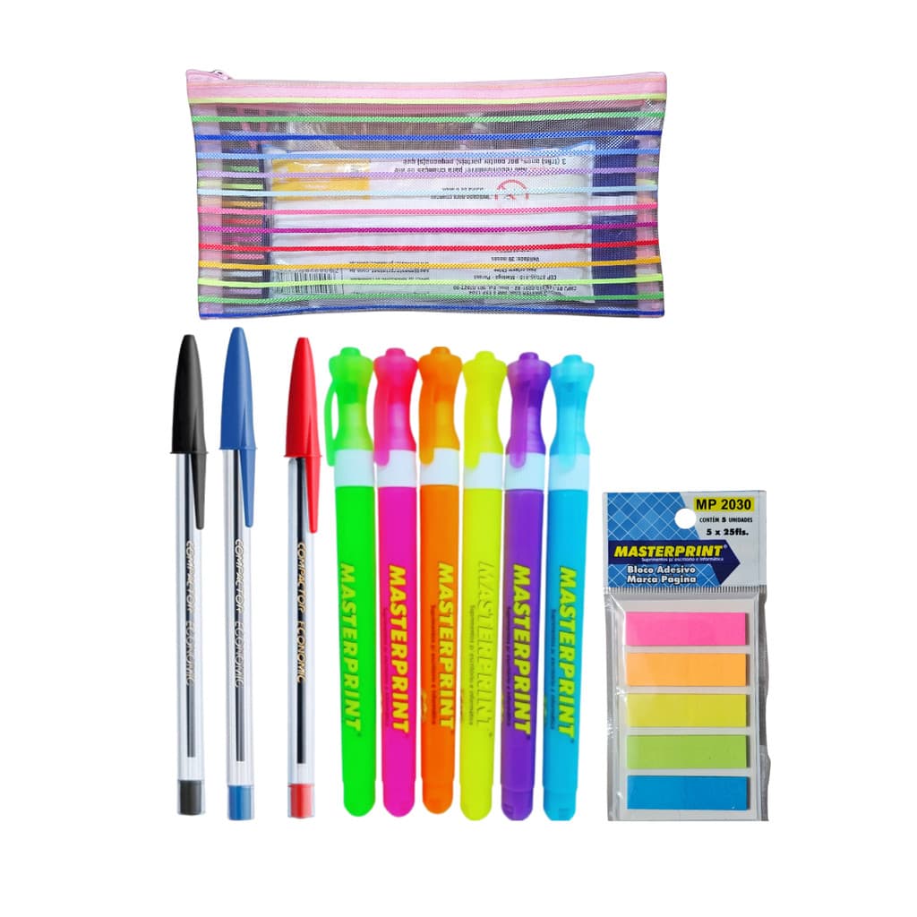 Kit Estudante 11 Itens: Marca Texto Neon, Canetas e Bloco Notas