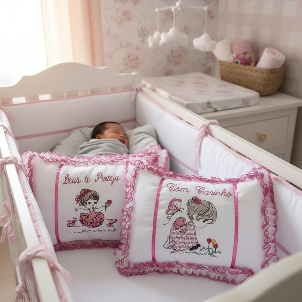 Travesseiro para Bebê Bordado Com Babadinhos e Refil Removível 28 x 30cm