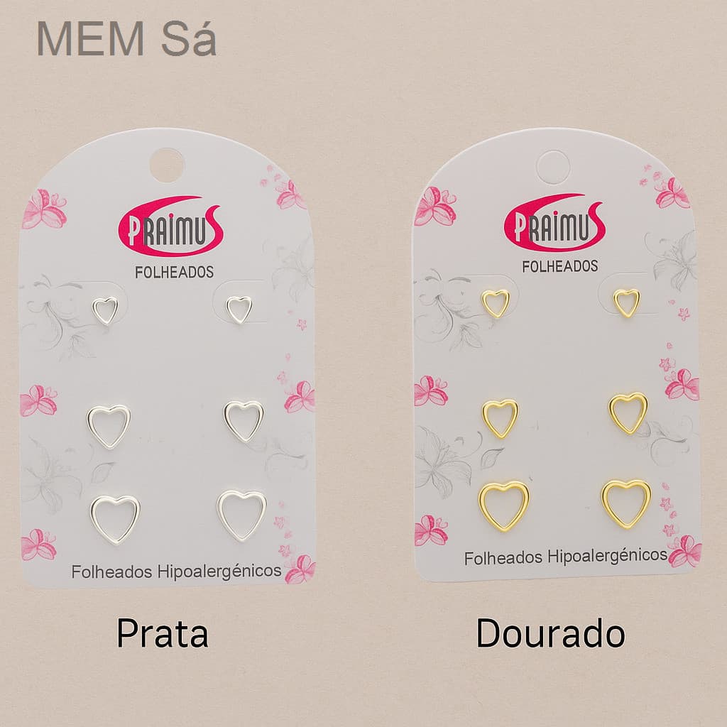 (V)Trio de Brincos Coração Vazado – Folheados Hipoalergênicos (Prata e Dourado)E16A