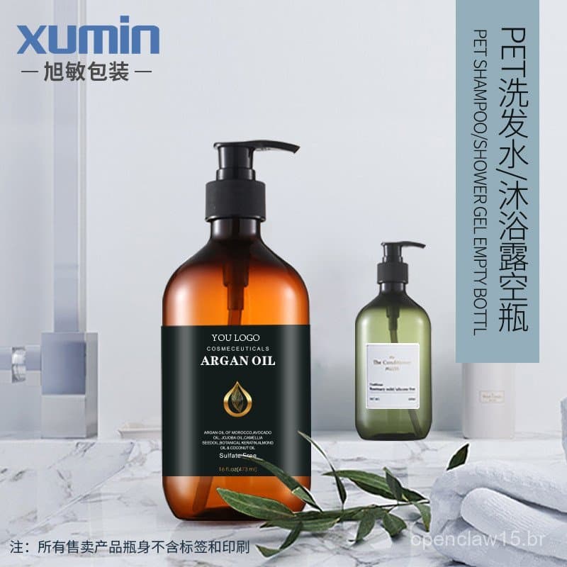 Frasco de gel de banho Xumin Packaging, frasco de shampoo de 500ml em estoque, frasco de loção com bomba de plástico PET