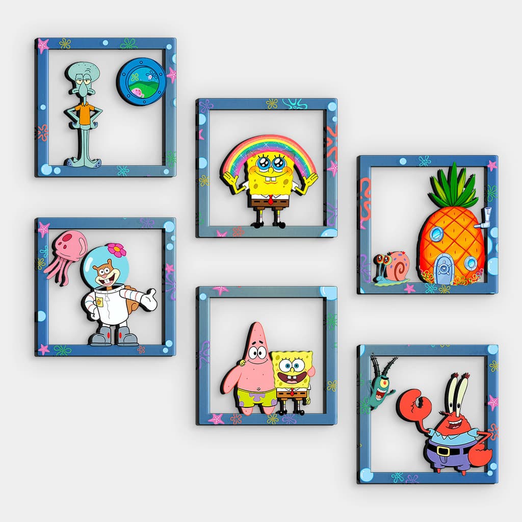 Kit 6 Quadros Bob Esponja e Amigos MDF Vazado 14x14cm