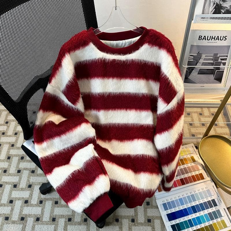 Suéter listrado vermelho masculino outono inverno estilo coreano estilo preguiçoso solto engrossado quente estilo japonê