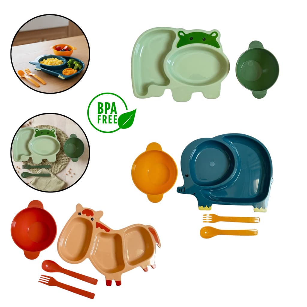CONJUNTO C/ 4 PEÇAS  ALIMENTAÇÃO INFANTIL PRATO C/ DIVISORIA BLW INTRODUÇÃO ALIMENTAR LIVRE BPA BEBÊ