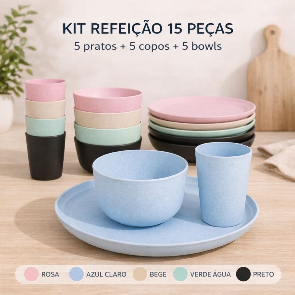 Conjunto de Louças 15 Peças Pratos Bowls Copos Plástico Ecológico 5 Cores Cozinha Dia a Dia Infantil