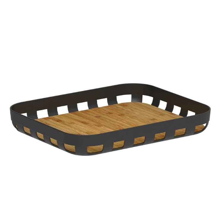 Bandeja de Servir Retangular Linha Lume Preto e Bambu Ou