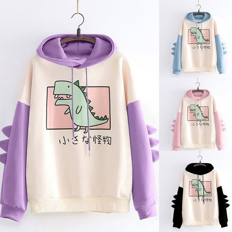 Moletom Feminino de Manga Longa com Capuz e Estampa de Dinossauro Kawaii 8645