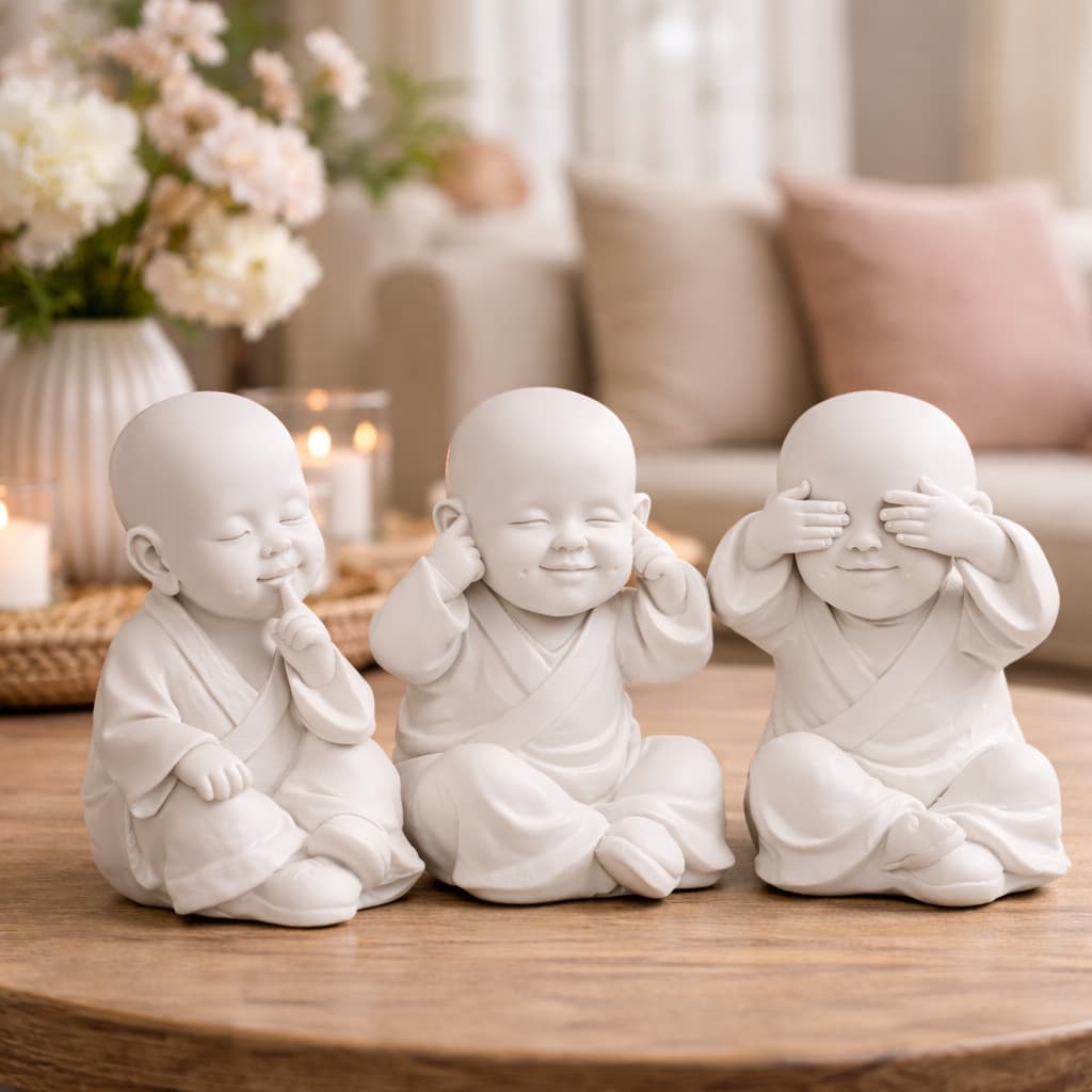 Trio de Monges Bebês da Sabedoria Decoração Zen Paz Harmonia Buda - Não Ver Ouvir Falar