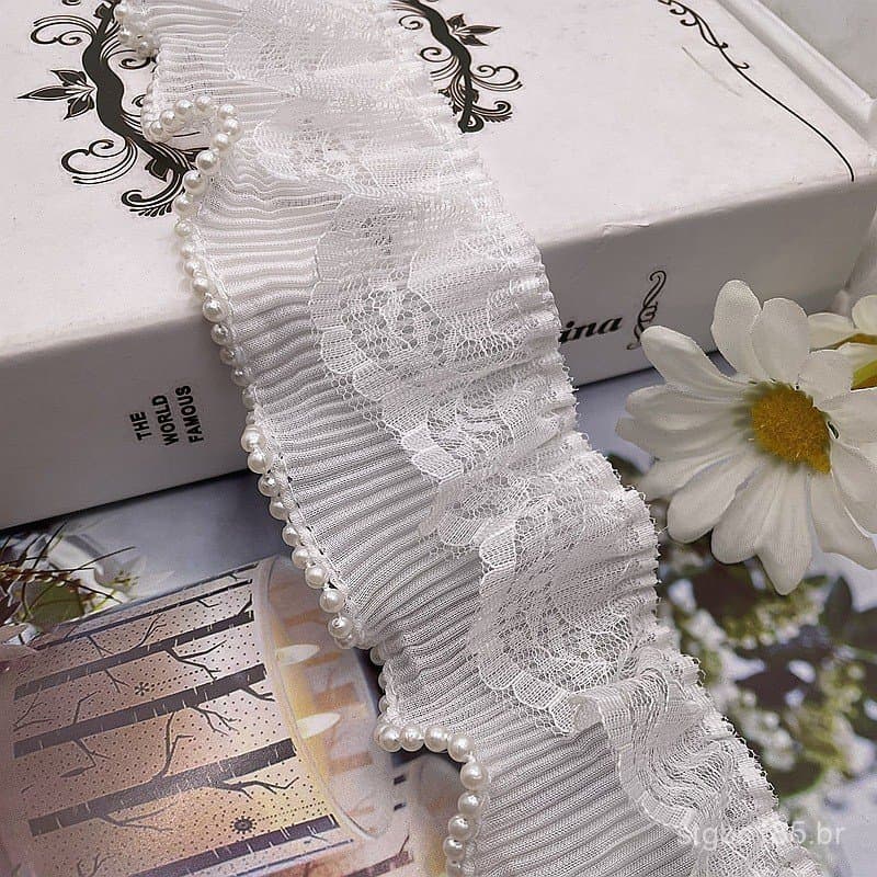 Em estoque: Renda de chiffon plissada com pérolas, 6 cm de largura, para acabamento de vestido Lolita e acessórios de pu