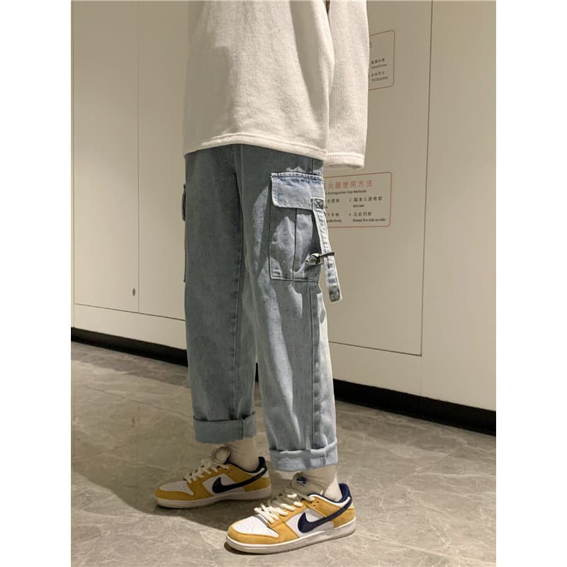 Japonês Retro macacão Jeans masculino primavera outono versão coreana solto calças retas ins Street Wear All-Match calça