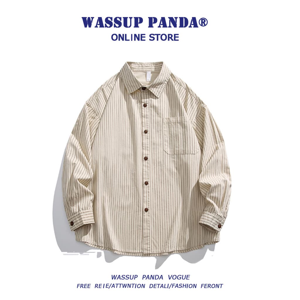 WASSUP PANDA Camisa de algodão listrada japonesa masculina primavera outono solta Casual Puffian bonito camisa de manga