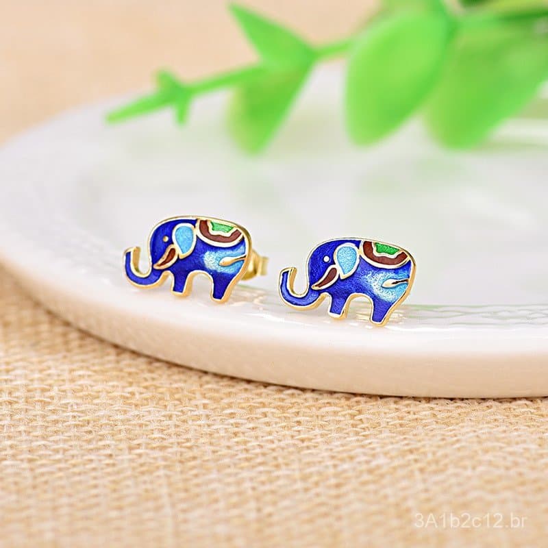 Brincos de prata pura com decoração em esmalte cloisonné, brincos pequenos de elefante em prata 925 banhada a ouro, esti