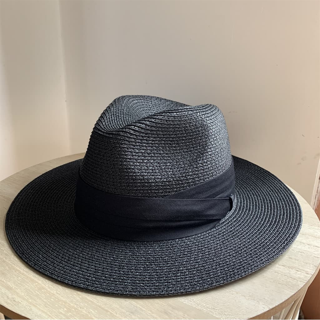 Chapéu de sol preto de verão, chapéu de palha dobrável para homens e mulheres, aba plana, aba larga, chapéu panamá, prai