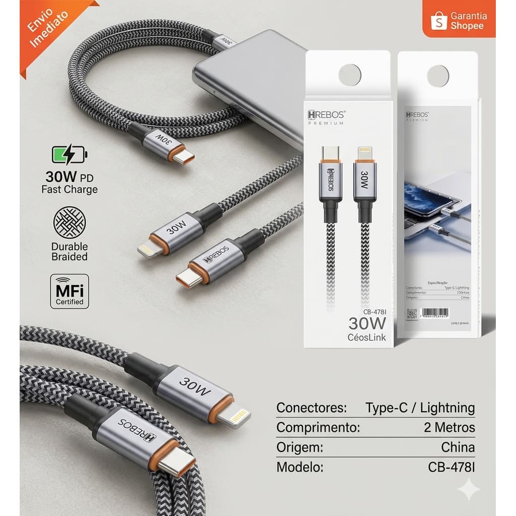 Cabo Gamer Turbo Hrebos 30W | USB-C para Lightning – 2 Metros de Performance Extrema