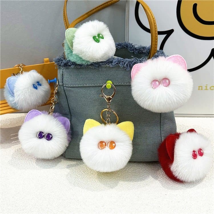 Chaveiro de pelúcia em formato de cabeça de gato, brinquedo de desenho animado feito à mão, fofo e feminino, acessório p