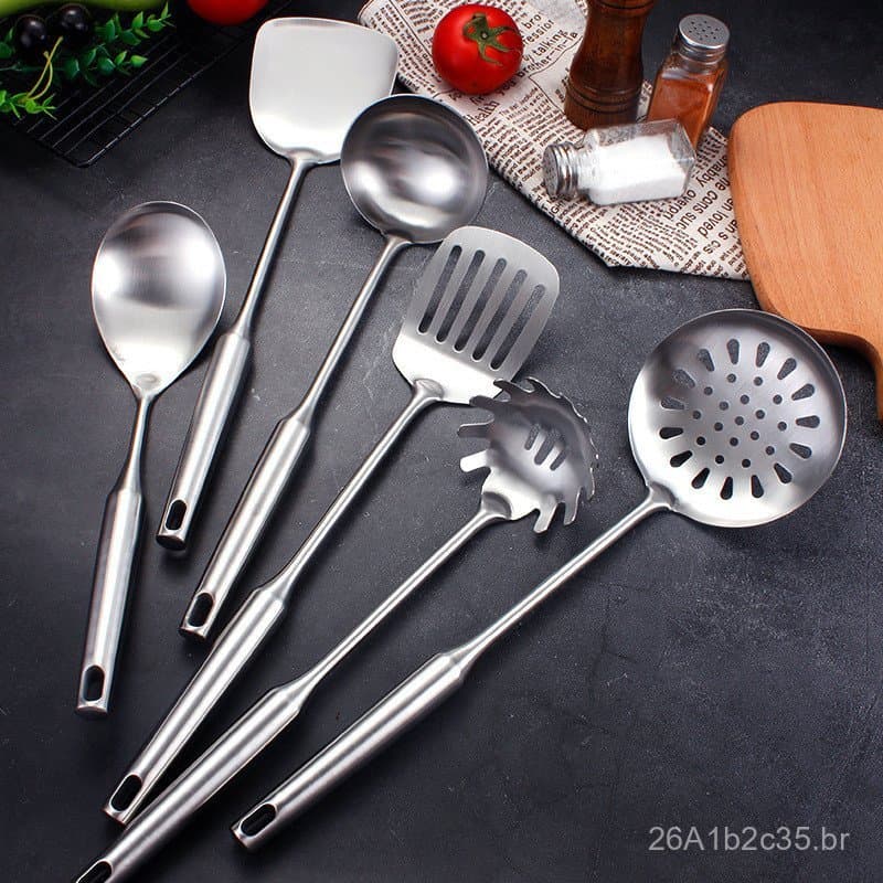 Conjunto de utensílios de cozinha em aço inoxidável 304, incluindo espátula, concha grande, colher de cozinha e espátula