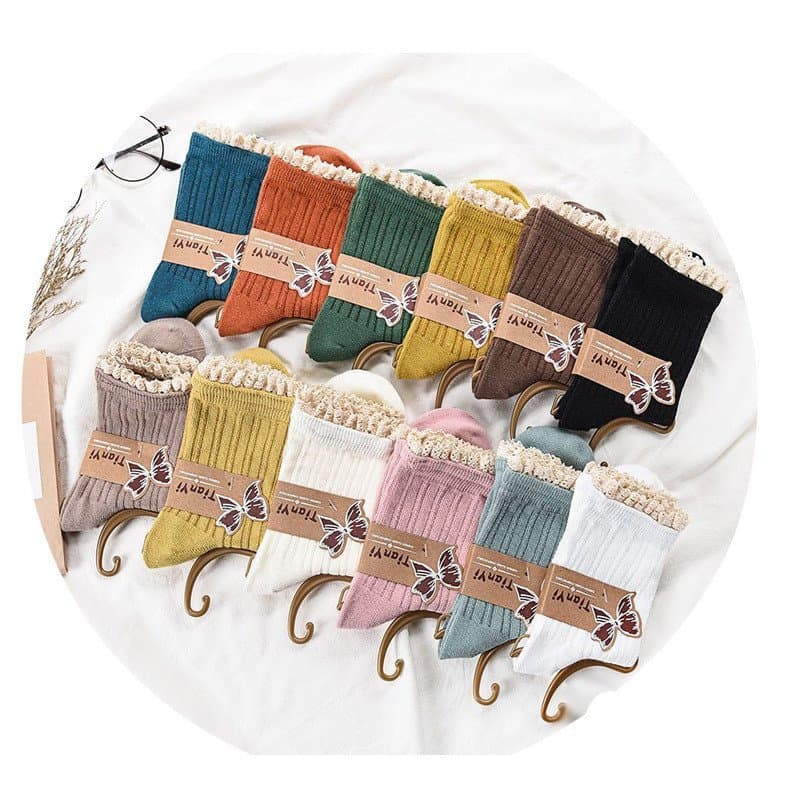 Meias femininas de cano médio com renda para outono e inverno, meias altas e elegantes para meninas, meias femininas con