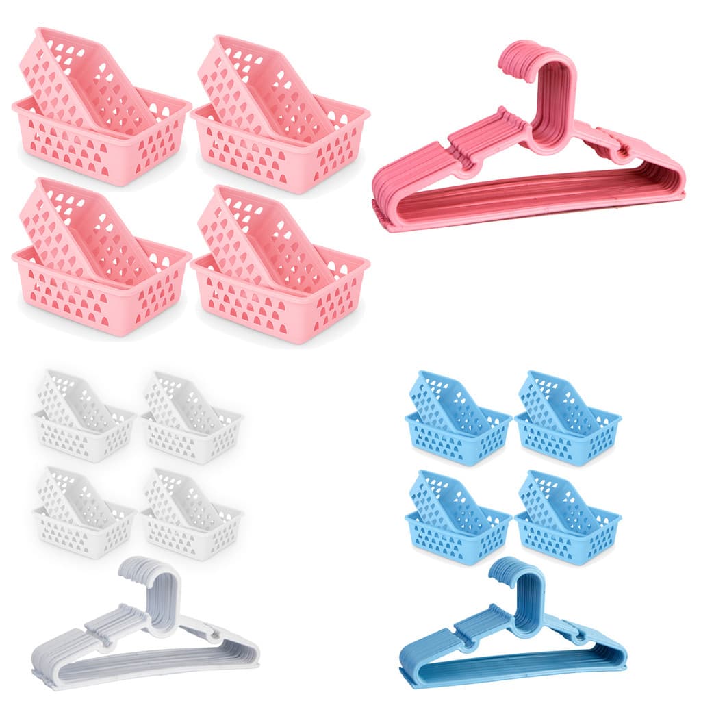 Kit 6 Cestos Organizadores e 20 Cabides Infantis Multiuso Decorativos