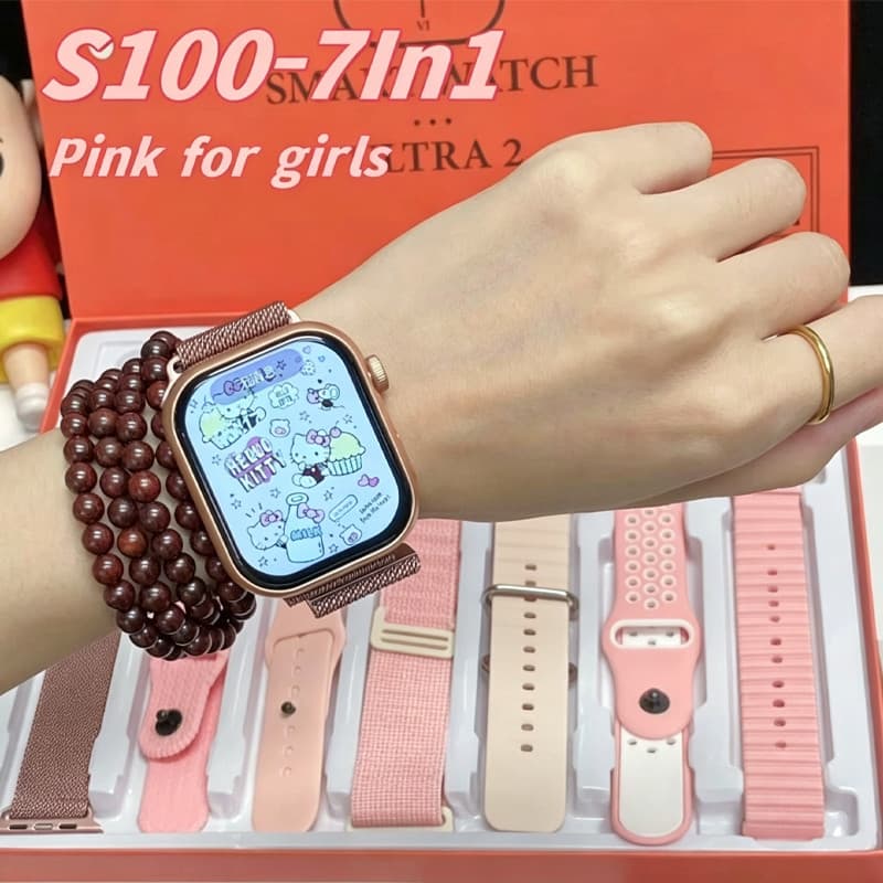 [Mulheres Rosa] Relógio Inteligente S100 Ultra2⌚ - Monitoramento de pressão arterial + frequência cardíaca, modo esporti