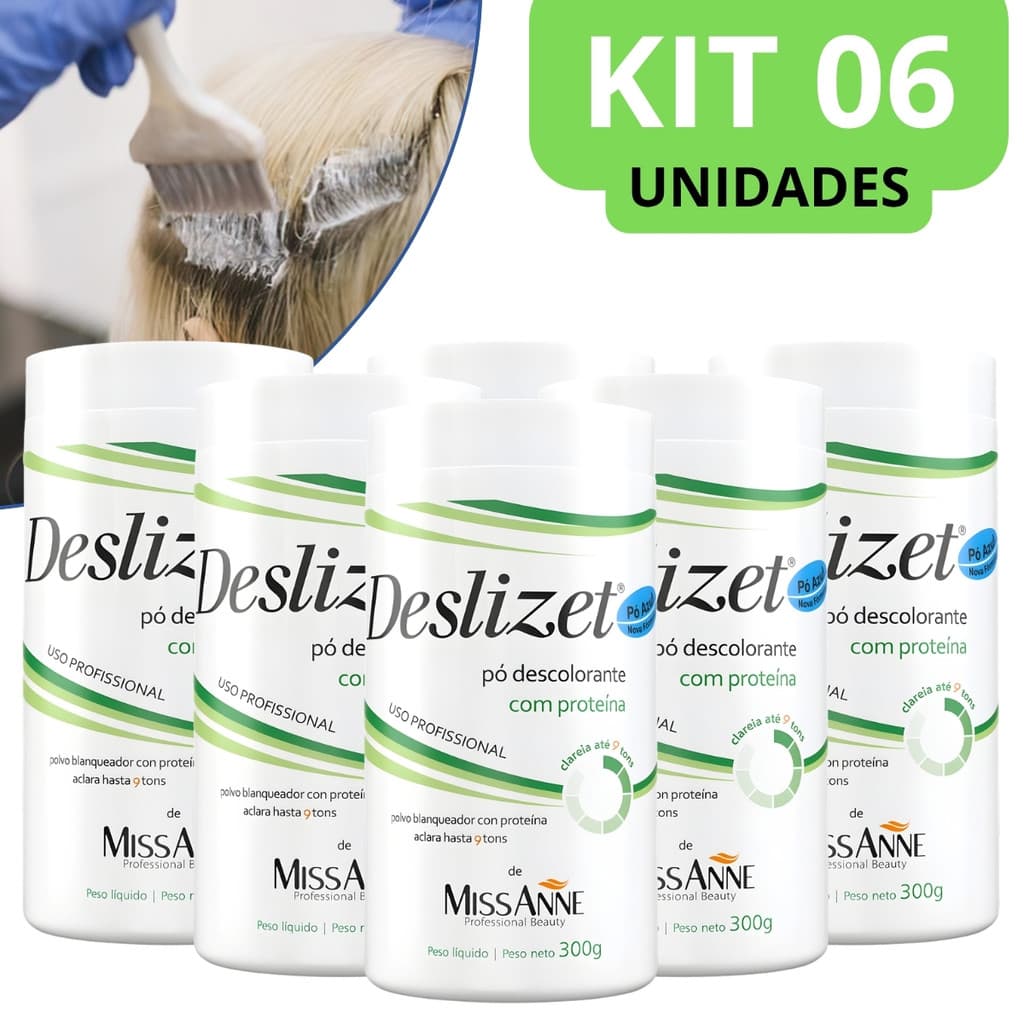 Pó Descolorante Azul Miss Anne Deslizet Clareamento Profissional Proteção dos Fios 300g Kit 6