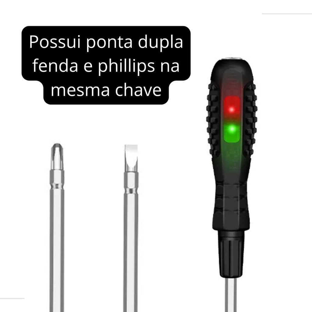 Chave Testadora de Corrente Elétrica com LED – Ponta Imantada, Ajustável, Fenda e Phillips