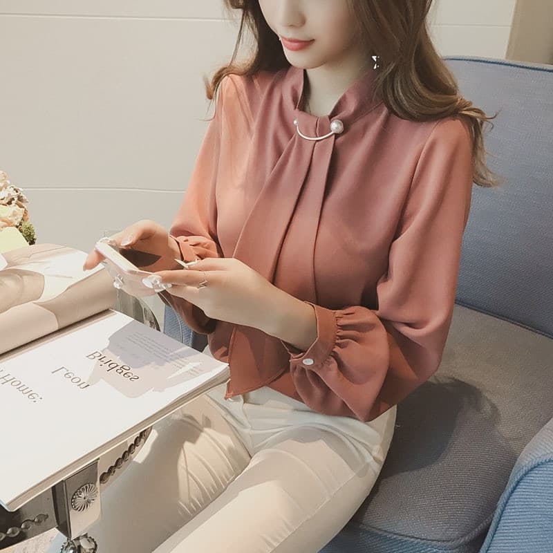 2024 primavera novo estilo versão coreana malha anel botão lanterna manga pulôver Chiffon camisa feminina manga longa ca