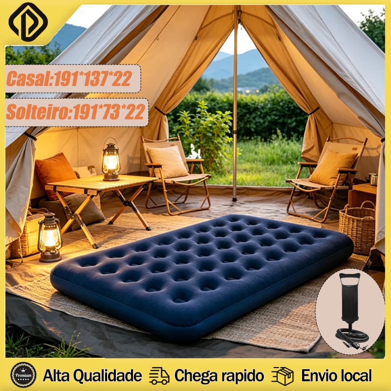 Kit Colchão Casal Inflável Resistente Suporta 300 KG + Bomba De AR Azul/bege