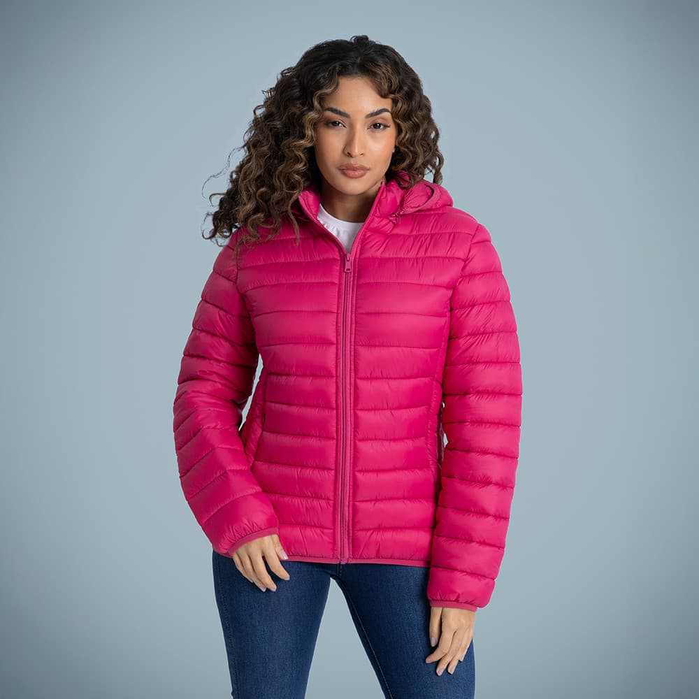 Jaqueta Puffer Bobojaco Feminina Gola Alta Rosa Com Capuz Removível
