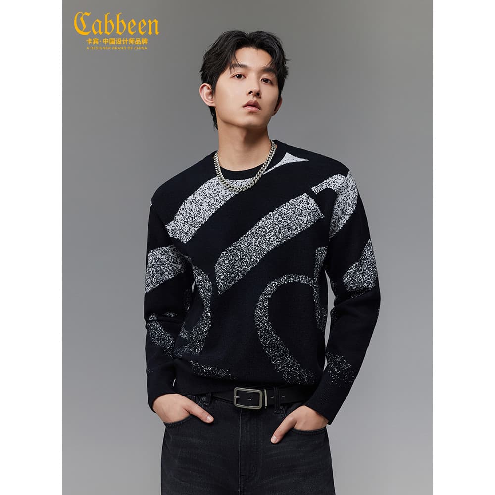 [Cor contrastante Jacquard] Kabin americano puro algodão suéter masculino inverno novo Top de manga comprida malhas quen