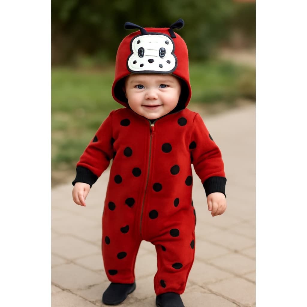Macacão Plush Joaninha Fantasia Capuz Bordado Bebe Ziper