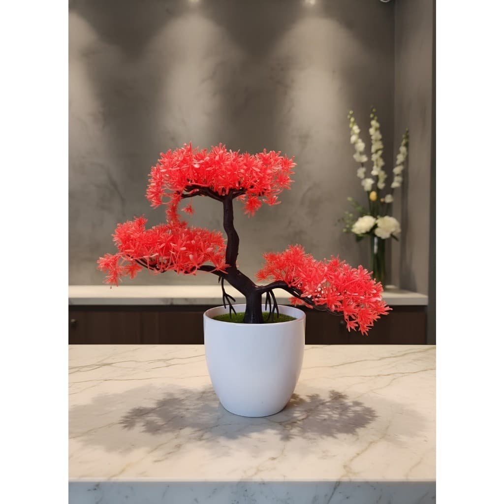 Bonsai Nuvem Vaso Redondo Premium Vermelho Artificial Charme e Cor Beleza sem Manutenção