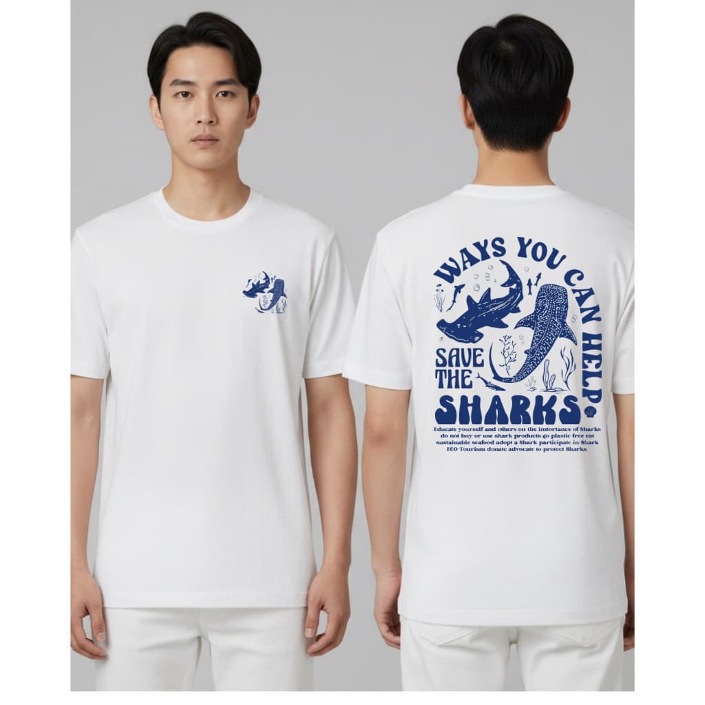Camiseta Feminina Casual de Gola Redonda e Manga Curta com Estampa de Tubarão e Design de Proteção do Oceano