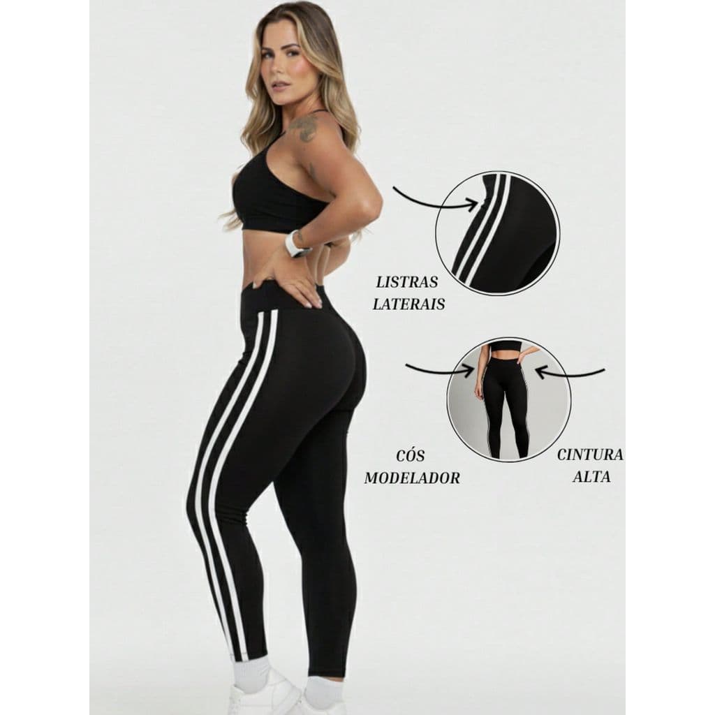 Calça Legging Fitness Listras Laterais Cintura Alta Moda de Academia Tecido Suplex