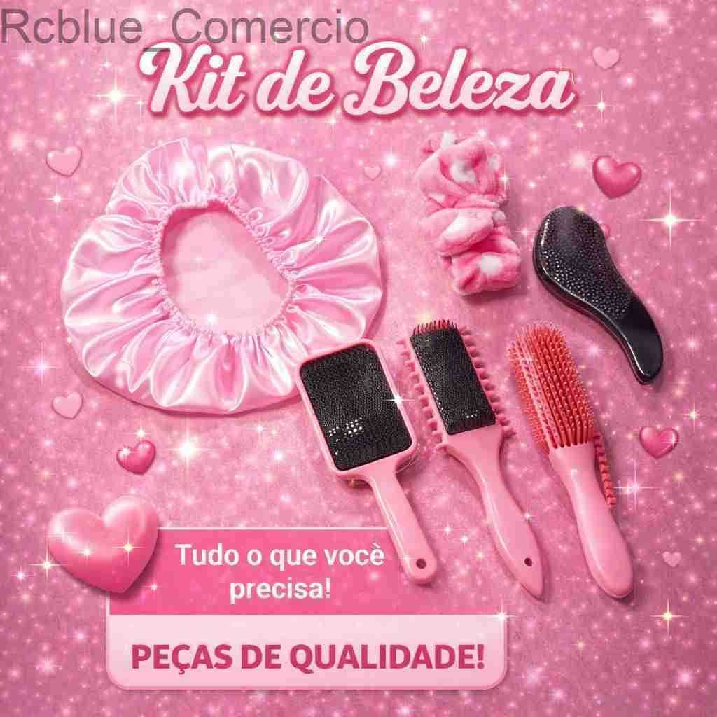 Kit Capilar 6 Peças - Touca de Cetim, Faixa Skincare, Escova Raquete, Escova Fitagem, Escova Polvo e Escova Mágica7D2S