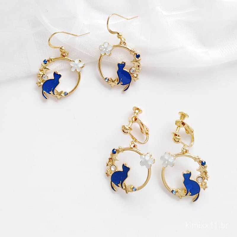 Brincos de gatinho azul e rosa, do estilo coreano, doces e fofos, simples e modernos, com acabamento em esmalte e incrus