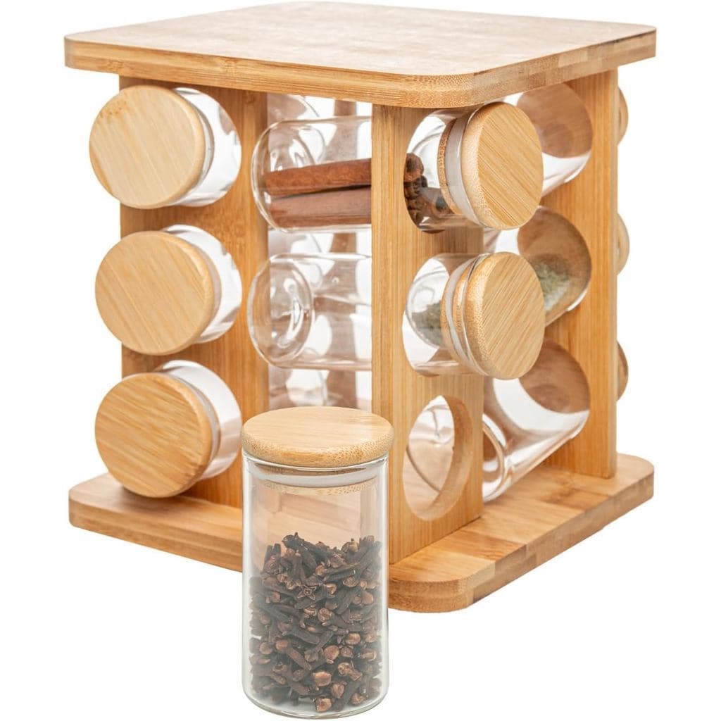 Porta Tempero com 12 Potes Para Temperos de bambu Condimentos Com Tampa Dosadora Suporte giratório 360 80 ml