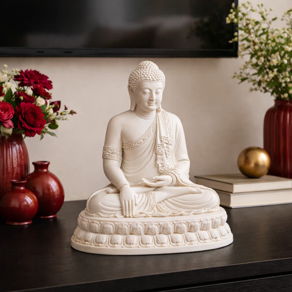 Estátua Buda Meditação Branca Decorativa | Escultura Paz Zen Harmonia | Enfeite Moderno Aprox. 15cm