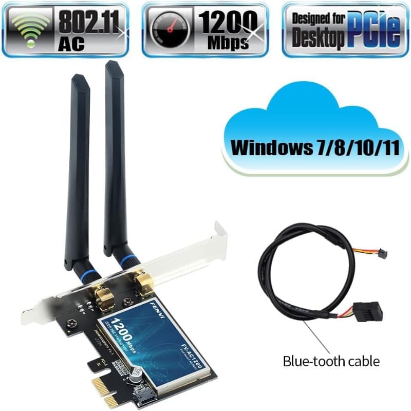 Placa Rede PCIe Fenvi AC1200 Wi-Fi Banda Dupla 2.4/5GHz Bluetooth 4.0 Antena 6dBi para Desktop Windows