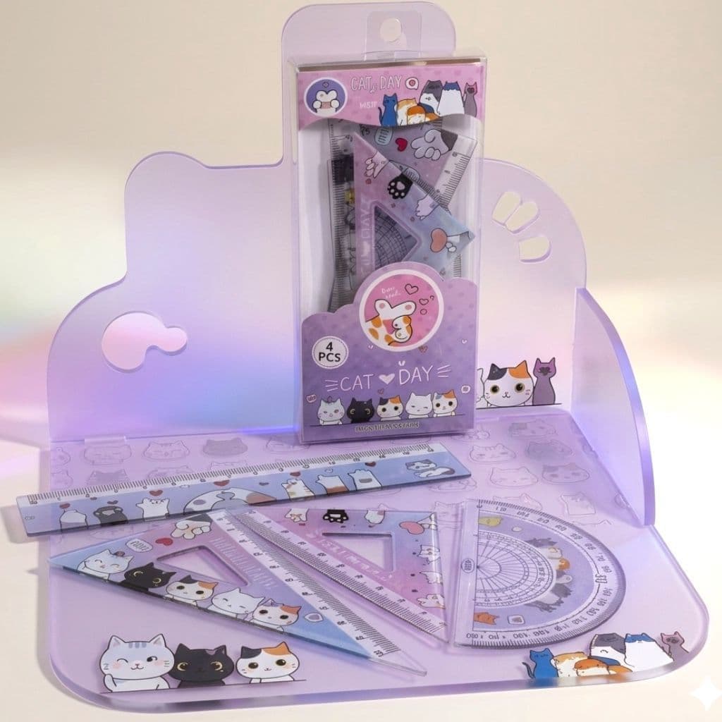 Kit Geometria Escolar 4pcs Kawaii Gato Régua + Esquadro + Transferidor Fofo