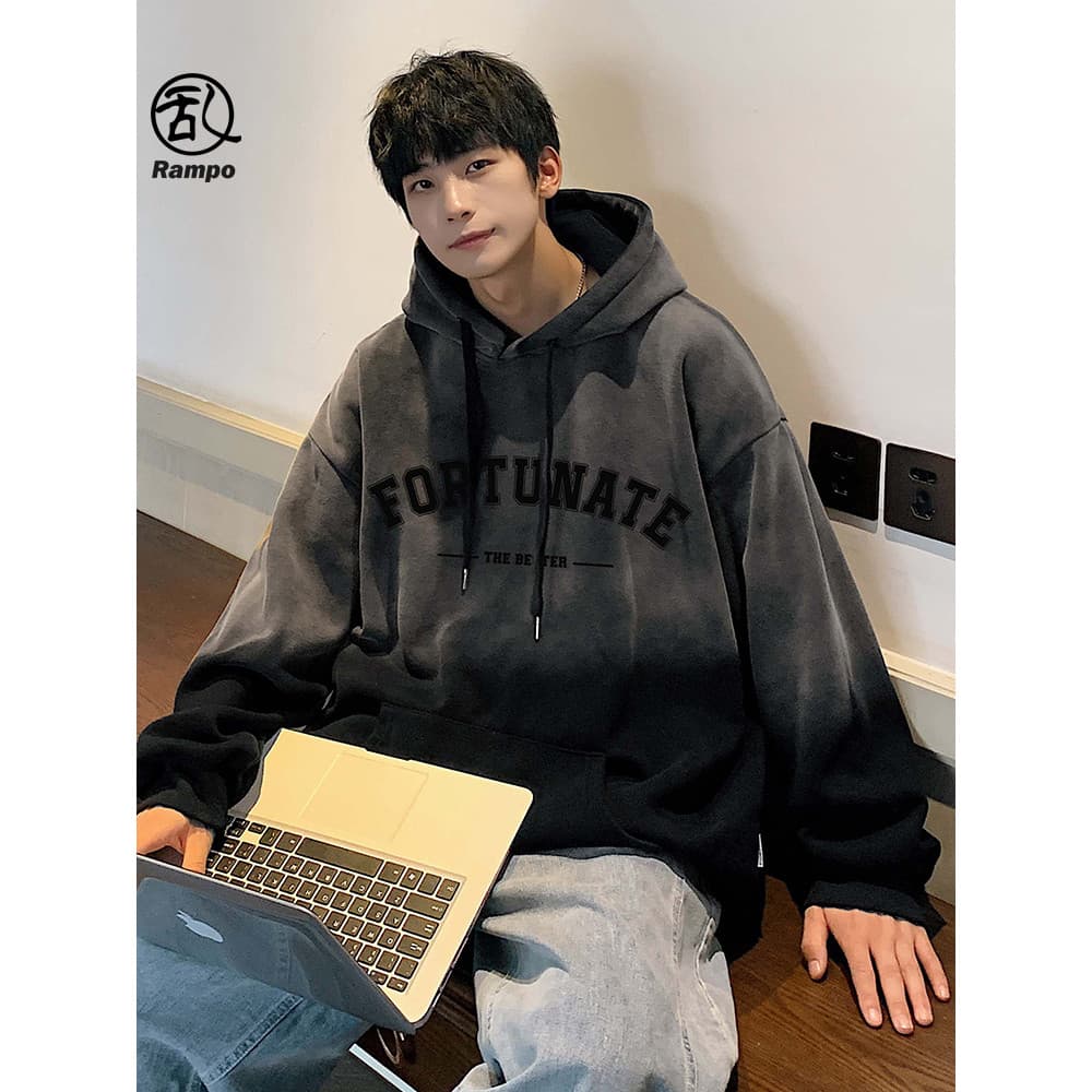 Pesado Tie-Dye gradiente moletom masculino outono inverno estilo forro de lã americano Retro com capuz oversize jaqueta