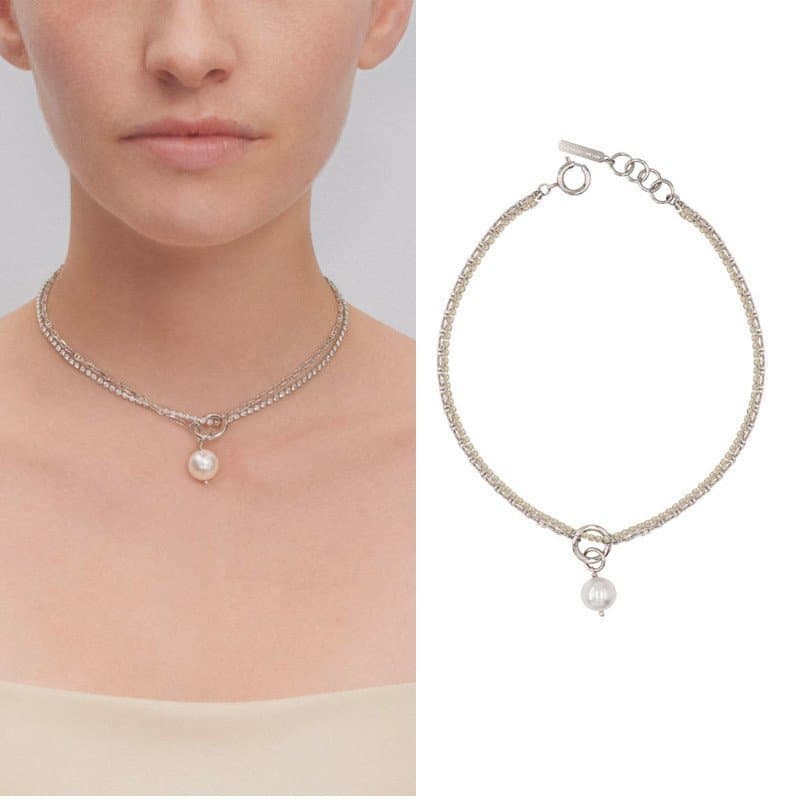 Novo colar curto de outono e inverno para mulheres, corrente Justine amarela com strass e pingente de pérola grande, col