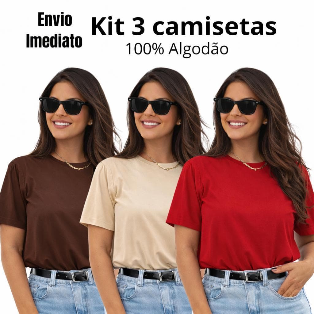 Kit 3 T-Shirt Feminina Camiseta Básica 100% Algodão Várias Cores Envio Imediato