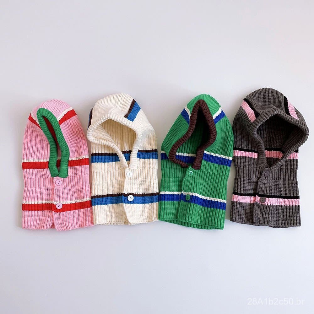Conjunto de Gorro e Cachecol para Bebê em Estilo Coreano, com Faixa de Cabelo Listrada em Cores Contrastantes, Estilo Fa
