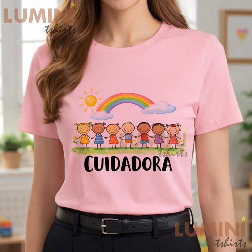 Blusa Tshirt CUIDADORA Criancinhas e arco iris, colorida, auxiliar escolar, educação infantil, plus size, professora